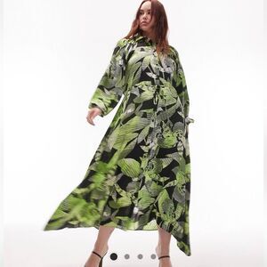 Topshop curve tie waist midi shirt dress in green floral